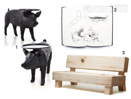 1 돼지가 테이블을 받치고 있는 모오이의 ‘피그’ 테이블. 2 다리가 작은 테이블이 되는 오펙트의 ‘듄’ 소파 스케치. 3 실제 나무 같은 패브릭을 씌운 모로소의 ‘소프트 우드’ 벤치. 