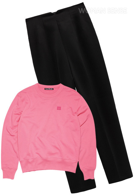 (왼쪽부터) 핑크 컬러 레귤러 핏 크루넥 스웨터 38만원 아크네 스튜디오. 파이핑 포켓 디테일의 블랙 하이웨이스트 팬츠 5만9천9백원 자라.